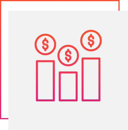 Three vertical bars of varying heights with dollar signs above each, resembling a bar chart, on a white background with red and orange border accents.